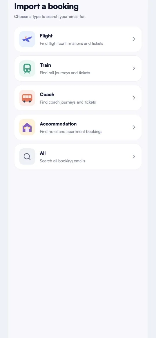 AnyRoad import screen for flights, rail, coaches and accommodation