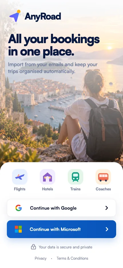 AnyRoad login screen with Google and Microsoft sign-in